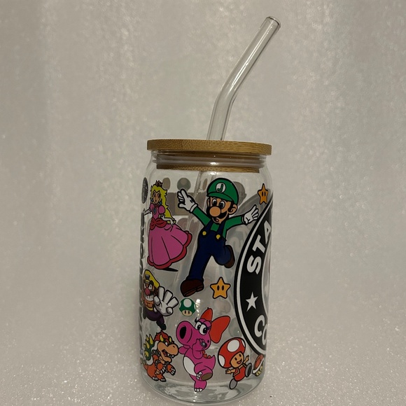 Super Mario Starbucks Glass Libby Cup w/ Lid and Glass Straw- 16oz - Picture 4 of 5